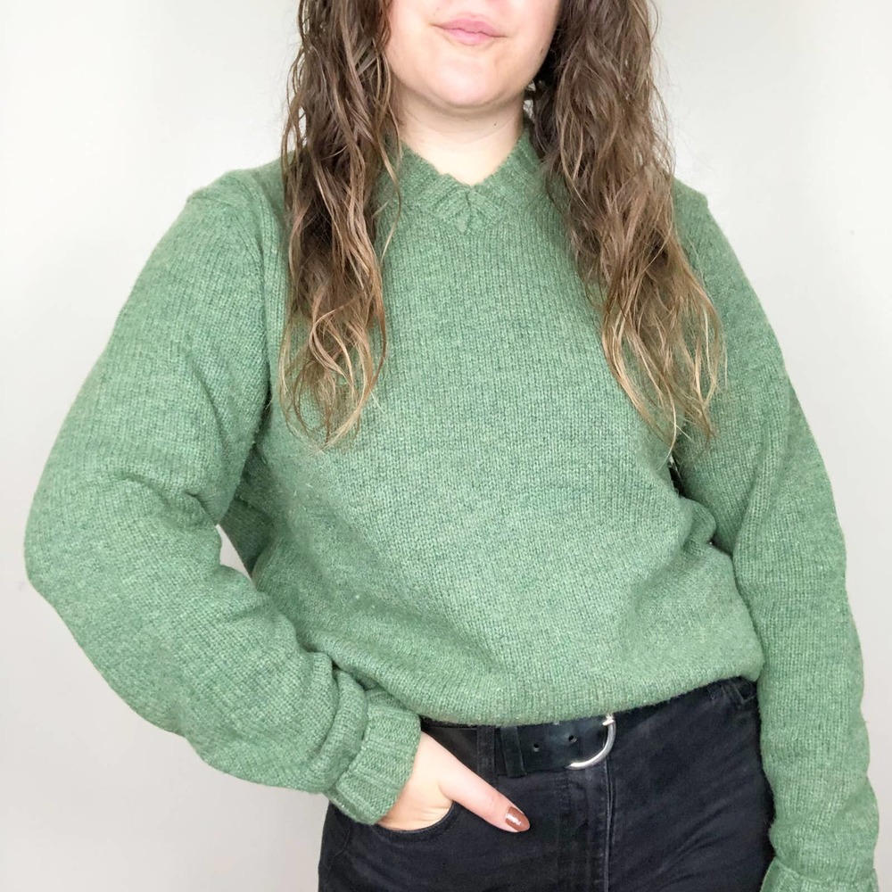 NAUTICA | Women's Large Olive Green V-neck Merino Wool Sweater Chunky Knit